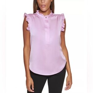 DKNY NWT Baby Pink Ruffle Trim Button Sleeveless Blouse Top Sz L